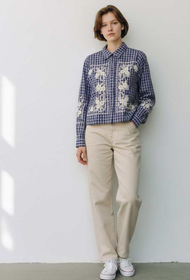 Lulu lab camicia check ricamo navy 