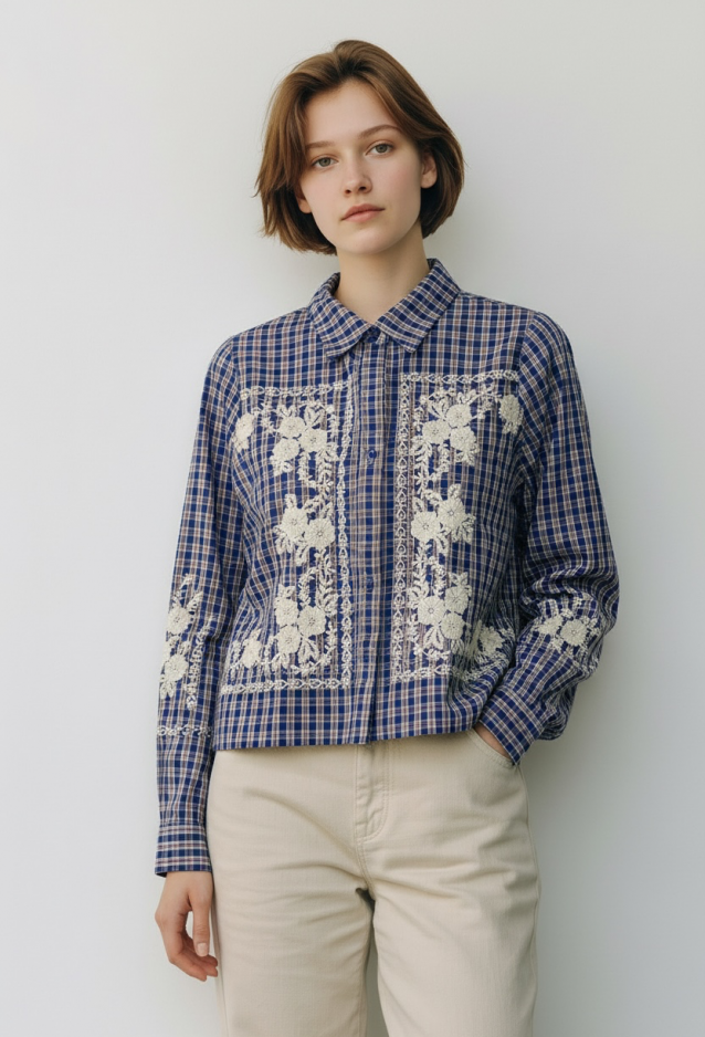 Lulu lab camicia check ricamo navy 