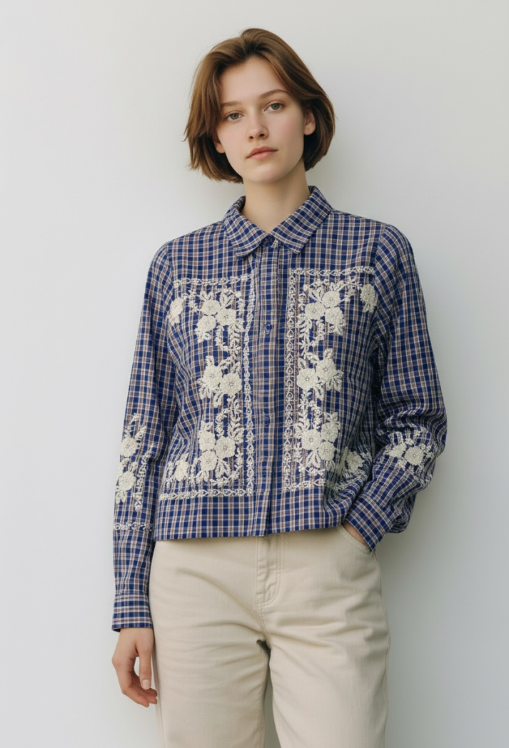 Lulu lab camicia check ricamo navy 